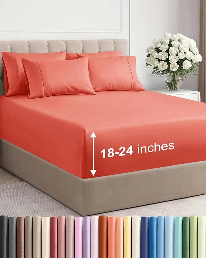 Contemporary Extra Deep Queen Sheet Set – 6 Piece Breathable and Cooling Sheets – Hotel Luxury Bedding for Women Men Kids amp Teens – Easy amp Secure Fit – Soft Wrinkle and Comfy – Extra Deep Pockets – Coral Smooth