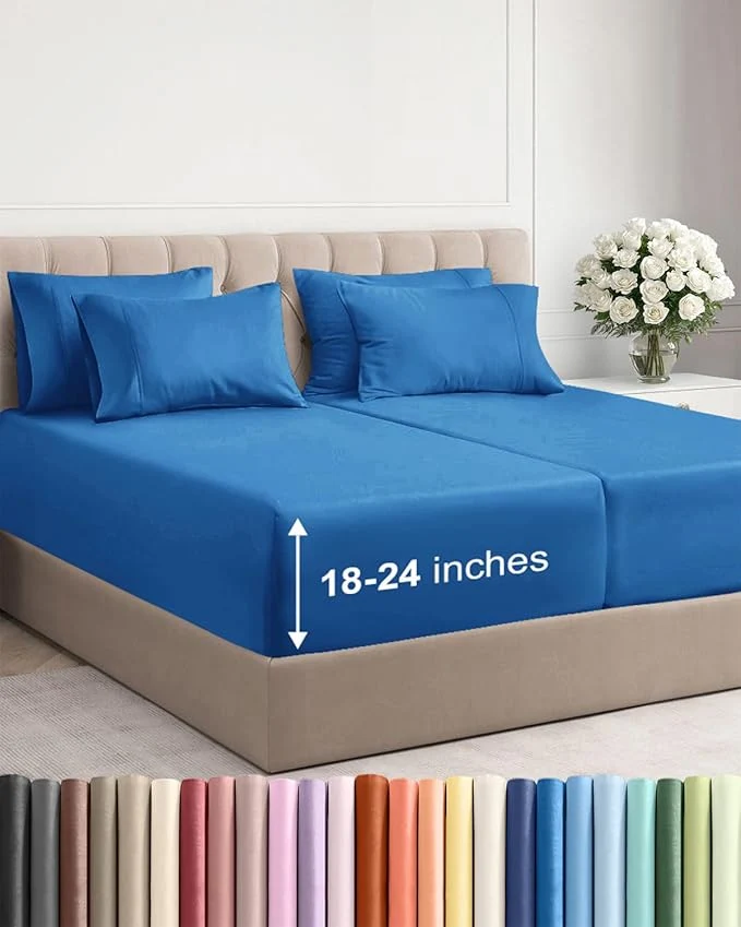 Artisan Extra Deep Split King Sheet Set – 7 Piece Breathable and Cooling Sheets – Hotel Luxury Bedding for Women Men Kids amp Teens – Easy Secure Fit – Soft amp Wrinkle – Extra Deep Pockets – Royal Blue Effective