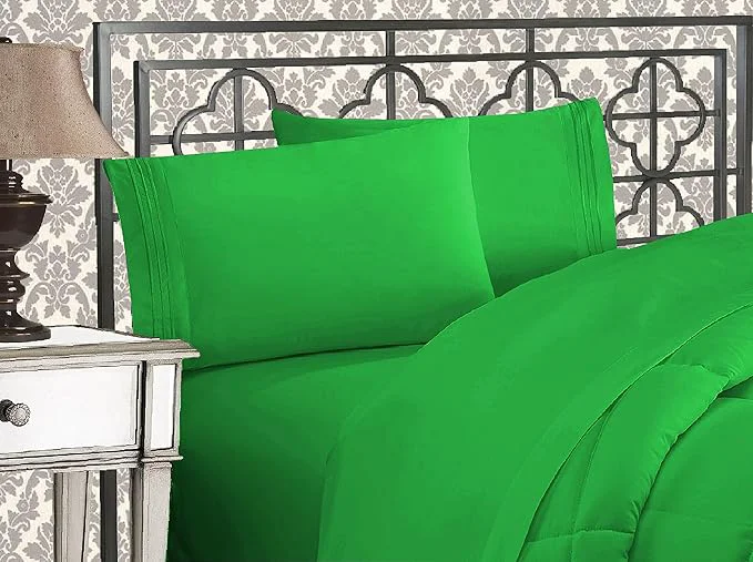 Enhanced Elegant Comfort Luxurious 1500 Premium Hotel Quality Microfiber Three Line Embroidered Softest 4-Piece Bed Sheet Set Wrinkle and Fade Resistant California King Emerald Green High-Grade