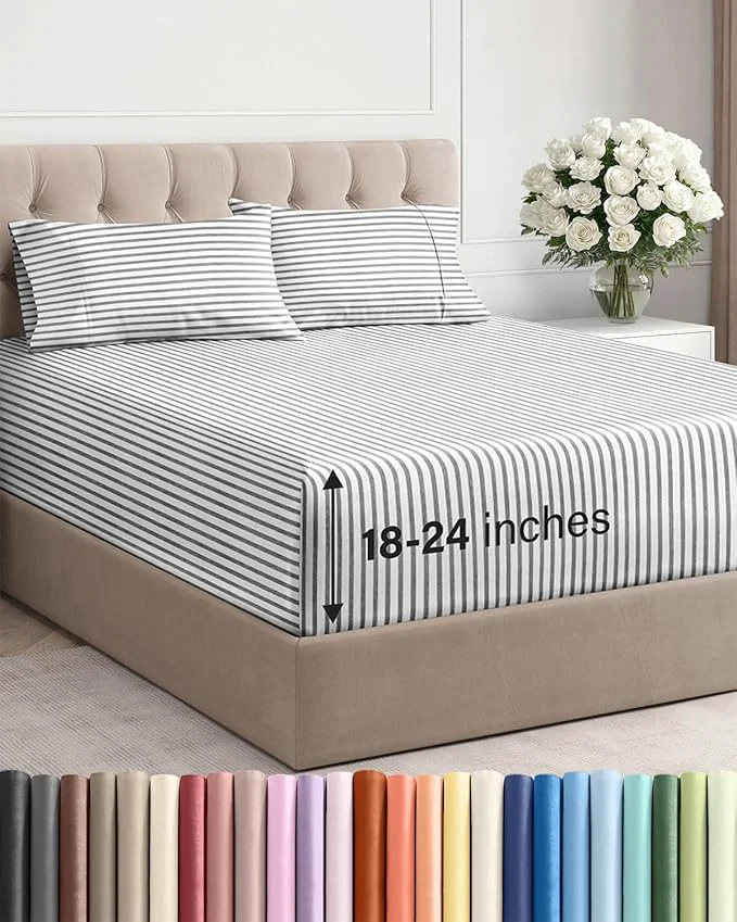 Environmentally Friendly Extra Deep Twin XL Sheet Set – 4 Piece Breathable and Cooling Sheets – Hotel Luxury Bedding for Women Men Kids amp Teens – Easy Secure Fit – Soft amp Wrinkle with Extra Deep Pockets – Grey Stripes Selected