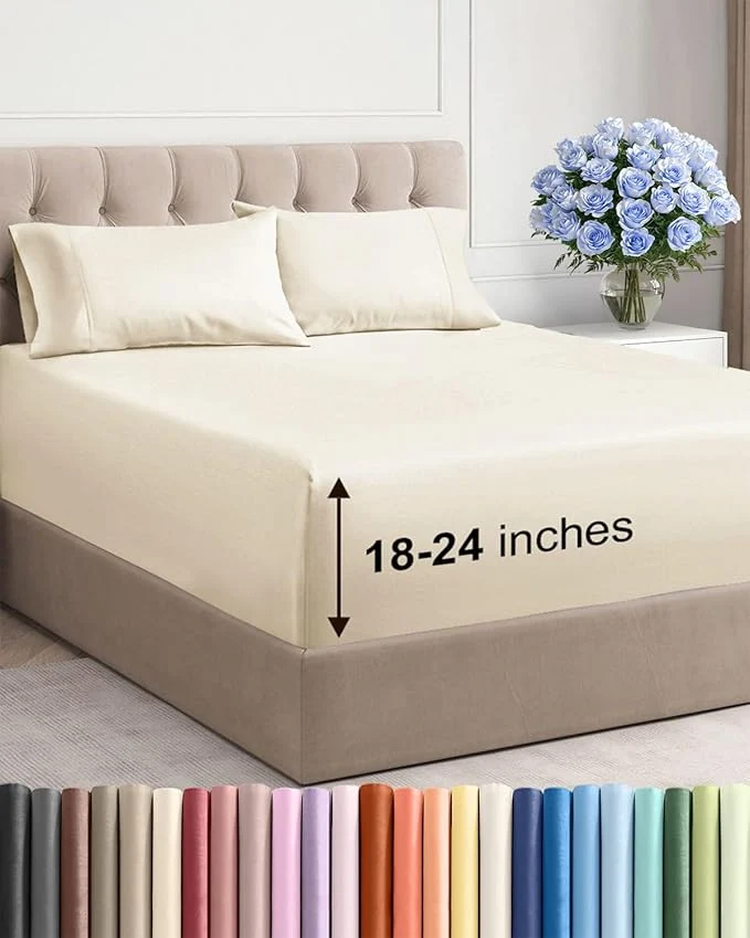 Durable Extra Deep Twin Sheet Set – 4 Piece Breathable and Cooling Sheets – Hotel Luxury Bedding for Women Men Kids amp Teens – Easy Secure Fit – Soft Wrinkle and Comfy – Extra Deep Pockets – Off White