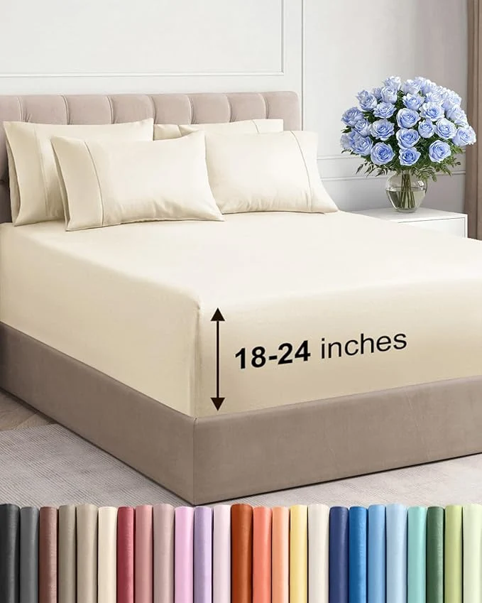 Professional Extra Deep King Sheet Set – 6 Piece Breathable and Cooling Sheets – Hotel Luxury Bedding for Women Men Kids amp Teens – Easy Secure Fit – Soft Wrinkle and Comfy – Extra Deep Pockets – Off White Natural