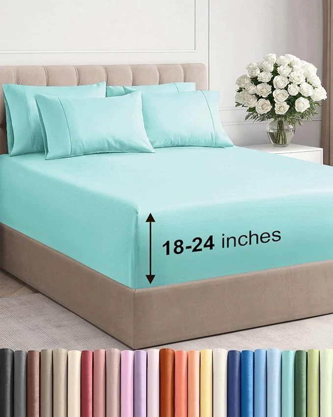 Extra Deep Queen Sheet Set – 6 Piece Breathable and Cooling Sheets – Hotel Luxury Bedding for Women Men Kids amp Teens – Easy Secure Fit – Soft Wrinkle and Comfy – Extra Deep Pockets – Spa Blue Elite