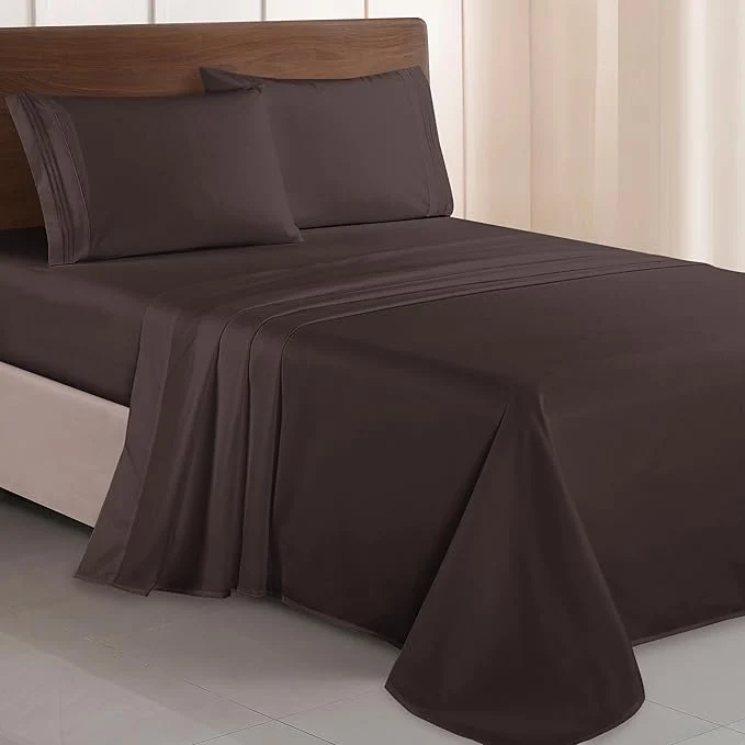 Elegant Comfort Luxurious 1500 Premium Hotel Quality Microfiber Three Line Embroidered Softest 4-Piece Bed Sheet Set Wrinkle and Fade Resistant Queen Chocolate Brown Practical