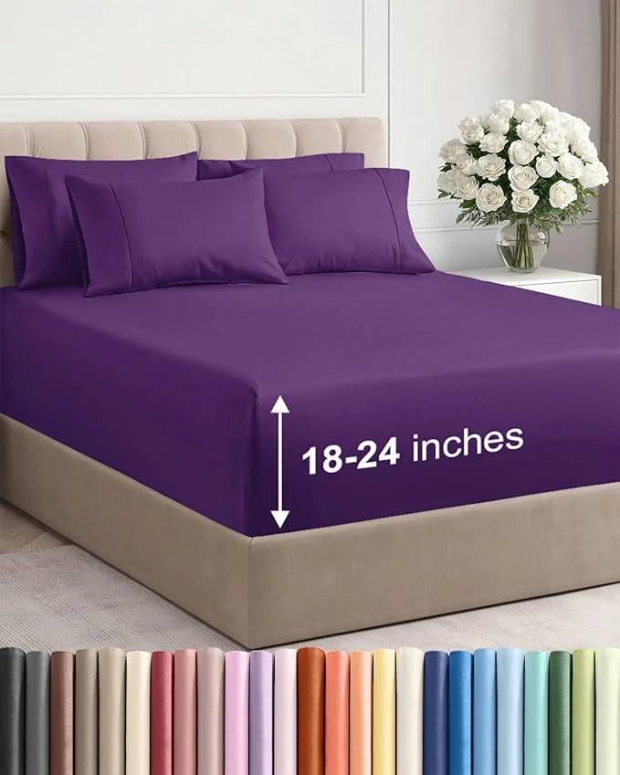 Trendy Extra Deep Queen Sheet Set – 6 Piece Breathable and Cooling Sheets – Hotel Luxury Bedding for Women Men Kids amp Teens – Easy amp Secure Fit – Soft Wrinkle and Comfy – Extra Deep Pockets – Purple Detailed