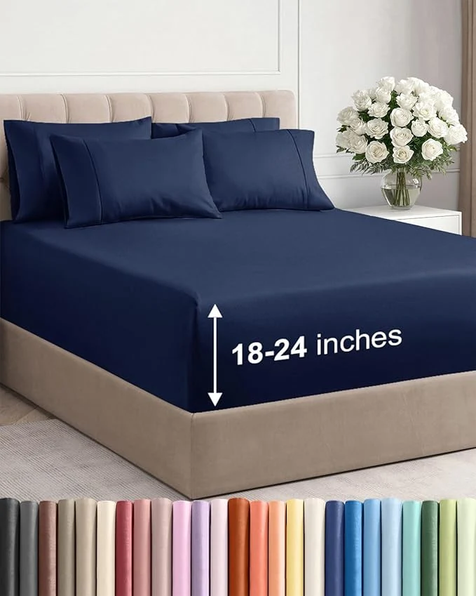Trendy Extra Deep King Sheet Set – 6 Piece Breathable and Cooling Sheets – Hotel Luxury Bedding for Women Men Kids amp Teens – Easy Secure Fit – Soft Wrinkle and Comfy – Extra Deep Pockets – Navy Blue Next-Generation