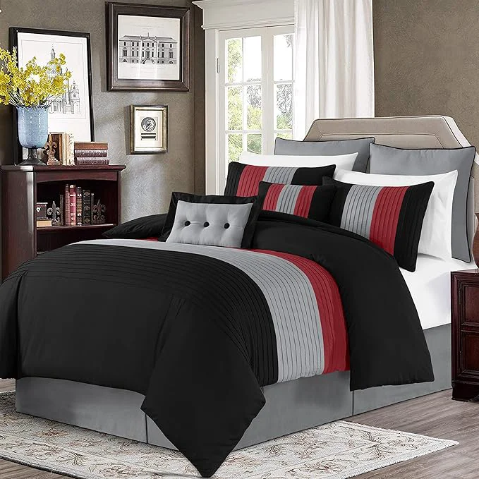 Smart Chezmoi Collection Loft 8-Piece Luxury Striped Comforter Set California King Red Black Gray World-Class