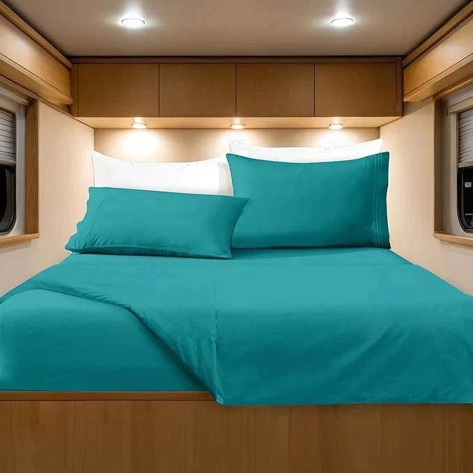 Trendy Elegant Comfort Luxurious 1500 Premium Hotel Quality Microfiber Three Line Embroidered Softest 4-Piece Bed Sheet Set Wrinkle and Fade Resistant RV Short Queen Turquoise Genuine