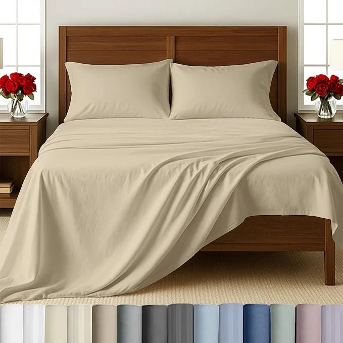 First-Class California Design Den Full Size Sheets Set – 500 Thread Count Sateen Natural Cotton Sheets Fully Elasticized Deep Pockets for a Snug Fit Breathable Bedding – Beige Fine