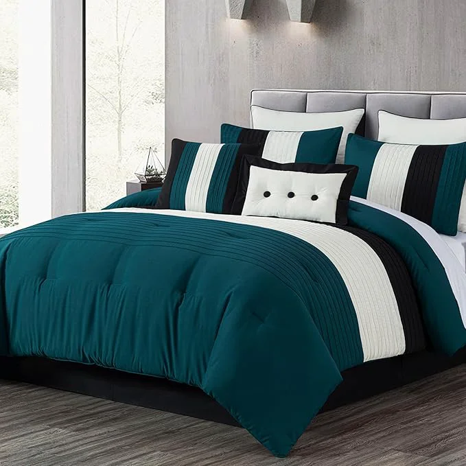 Classic Chezmoi Collection Loft 8-Piece Queen Comforter Set Teal Black White Luxury Striped Bedding for All Season Fast