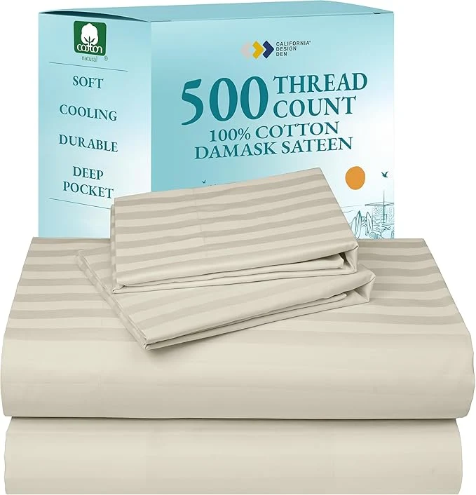 Convenient California Design Den 4 Piece King Size Sheet Set – Cotton 500 Thread Count Sateen Deep Pocket Bed Sheets with Fitted Elastic Sheet Soft Luxury – Striped Ivory Official
