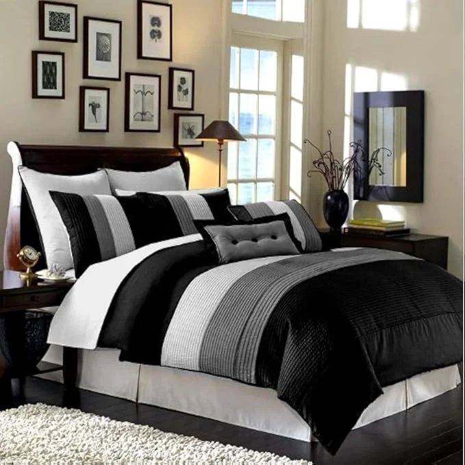 High-Grade Chezmoi Collection Loft 8-Piece Luxury Striped Comforter Set King Black Gray White Official
