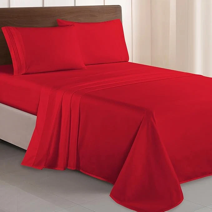 Advanced Elegant Comfort Luxurious 1500 Premium Hotel Quality Microfiber Three Line Embroidered Softest 4-Piece Bed Sheet Set Wrinkle and Fade Resistant Twin Twin XL Red Secure