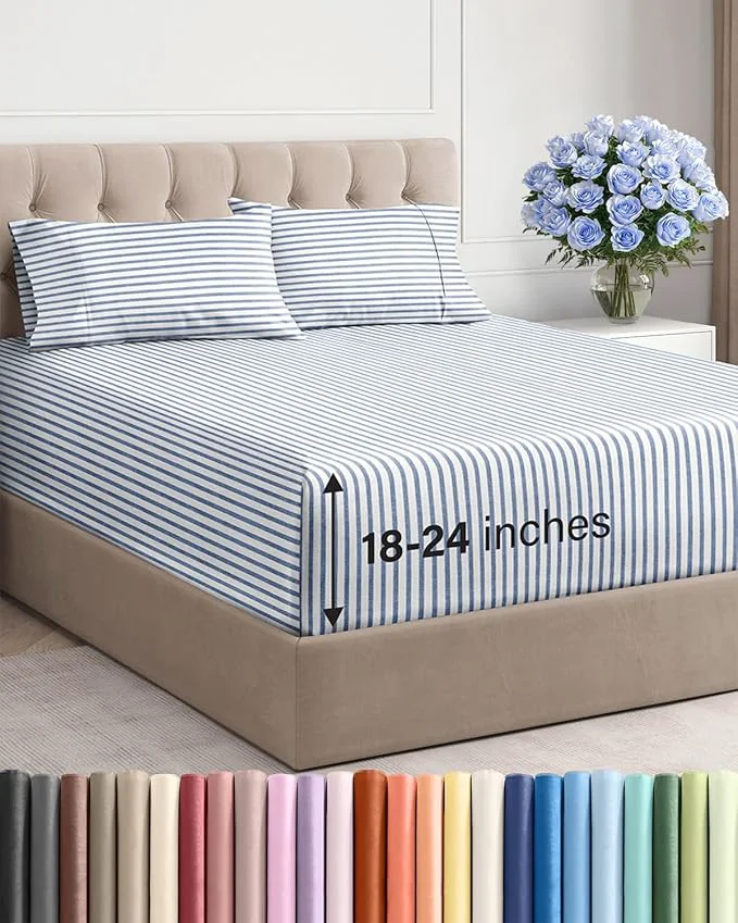 Superior Extra Deep Twin Sheet Set – 4 Piece Breathable and Cooling Sheets – Hotel Luxury Bedding for Women Men Kids amp Teens – Easy amp Secure Fit – Soft and Wrinkle – Extra Deep Pockets – Blue Stripes Consistent