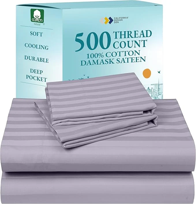 Practical California Design Den – Deep Pocket Full Size Sheets Set Soft Cotton Sheets with Snug Fit Elastic 500 Thread Count Sateen Damask Stripe Bedsheet Set Stripe – Lavender Flexible