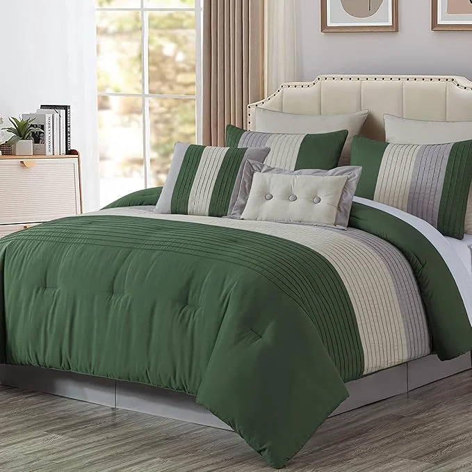 Elegant Chezmoi Collection Loft 8-Piece Queen Comforter Set Forest Green Gray Cream Luxury Striped Bedding for All Season Consistent