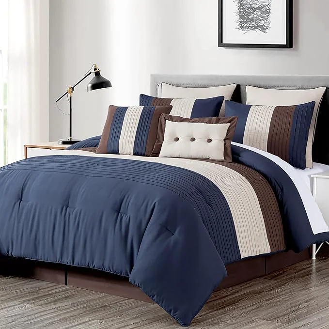 Minimalist Chezmoi Collection Loft 8-Piece Full Comforter Set Midnight Blue Brown Coffee Cream Luxury Striped Bedding for All Season Proven