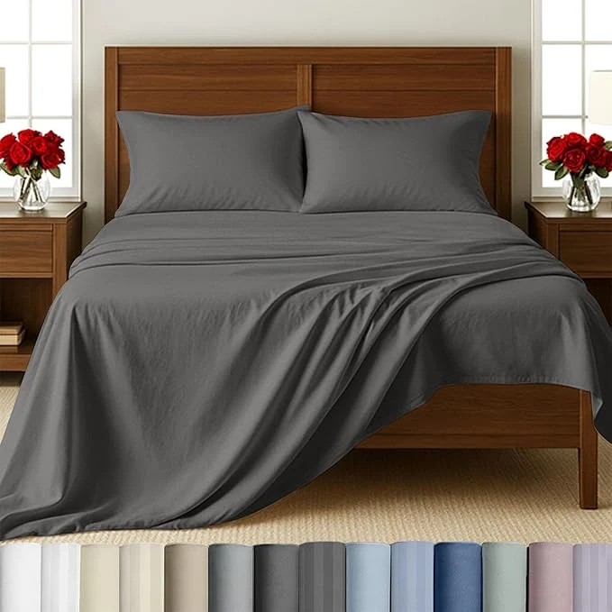 Eco-Friendly California Design Den – Full Size Sheets Cotton Set Soft Cotton Sheets Deep Pockets Snug Fit Elastic 500 Thread Count Sateen Premium Quality Sheets Set for Home Dark Grey Superior