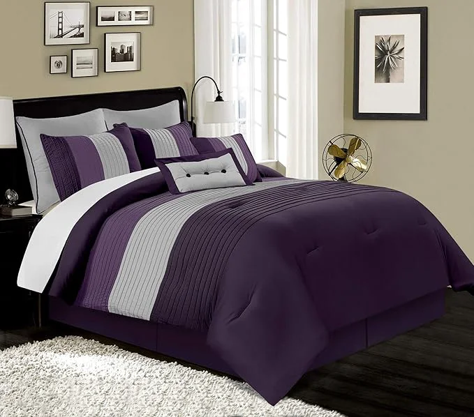 Flexible Chezmoi Collection Loft 8-Piece Luxury Striped Comforter Set Full Purple Gray Lavender Clean