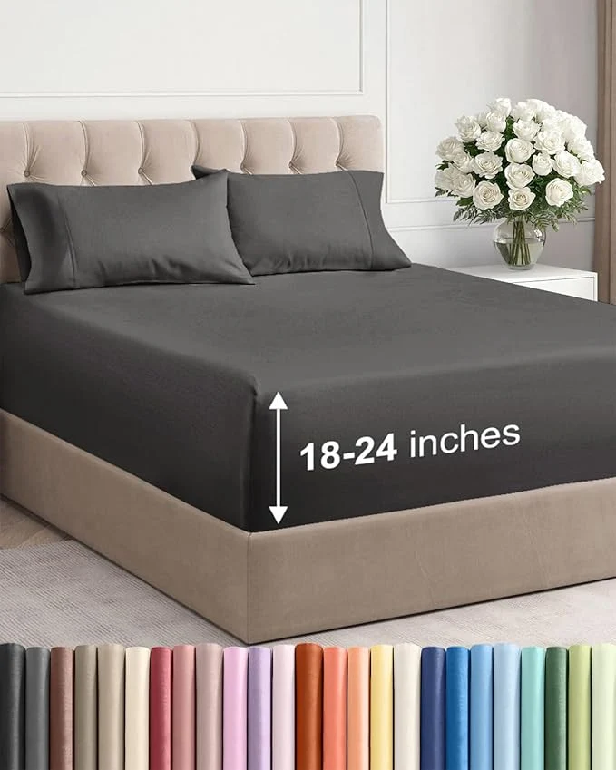 Enhanced Extra Deep Twin Sheet Set – 4 Piece Breathable and Cooling Sheets – Hotel Luxury Bedding for Women Men Kids amp Teens – Easy amp Secure Fit – Soft Wrinkle and Comfy – Extra Deep Pockets – Charcoal
