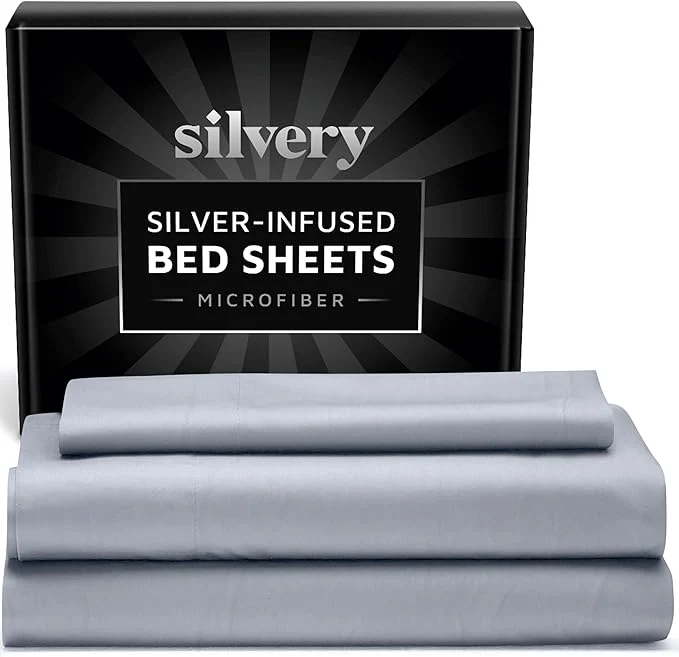 Flexible Silvery Silver Infused Bed Sheets Set – Ultra-Soft Temperature-Regulating Fabric with Self-Cleaning Technology™ That Stays Fresh 3X Longer for Hygienic Sleep Expertly Made