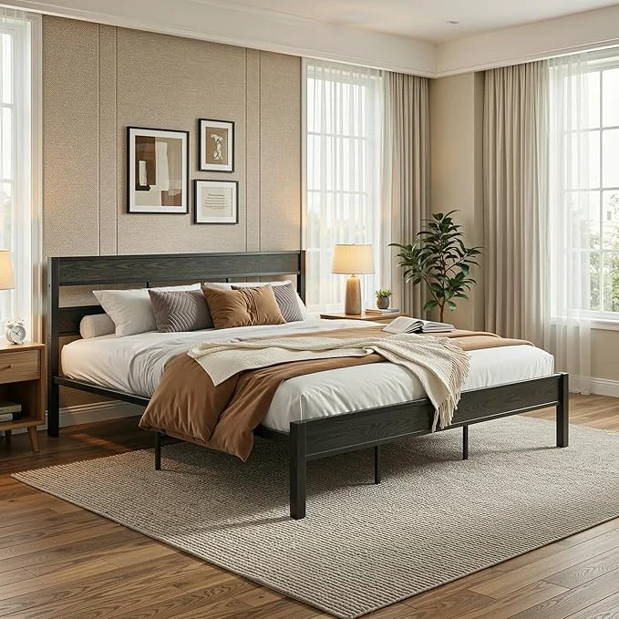 Dependable LIKIMIO King Bed Frame with Headboard Easy Assembly Noise- No Box Spring Needed Heavy Strong Metal Support Frames Charcoal Grey Modern