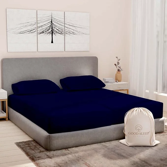 Solid Good Sleep Bedding Split King Cotton Sheets Set for Adjustable Bed – Luxury Egyptian Cotton 5 Piece Sateen 2 Fitted with 16 quot Deep Pocket Navy Blue Trendy