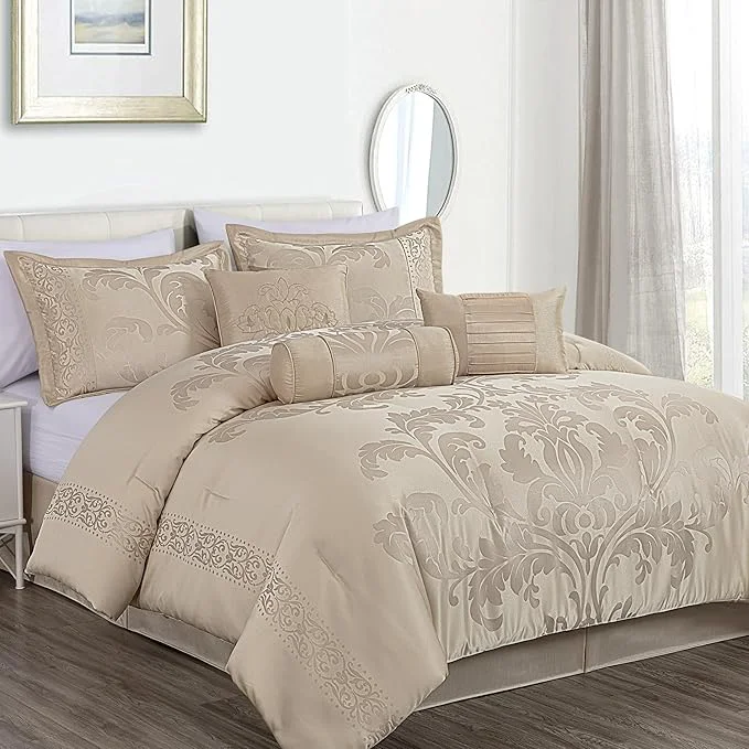 Solid Chezmoi Collection Royale 7-Piece Jacquard Floral Comforter Set California King Champagne Casual