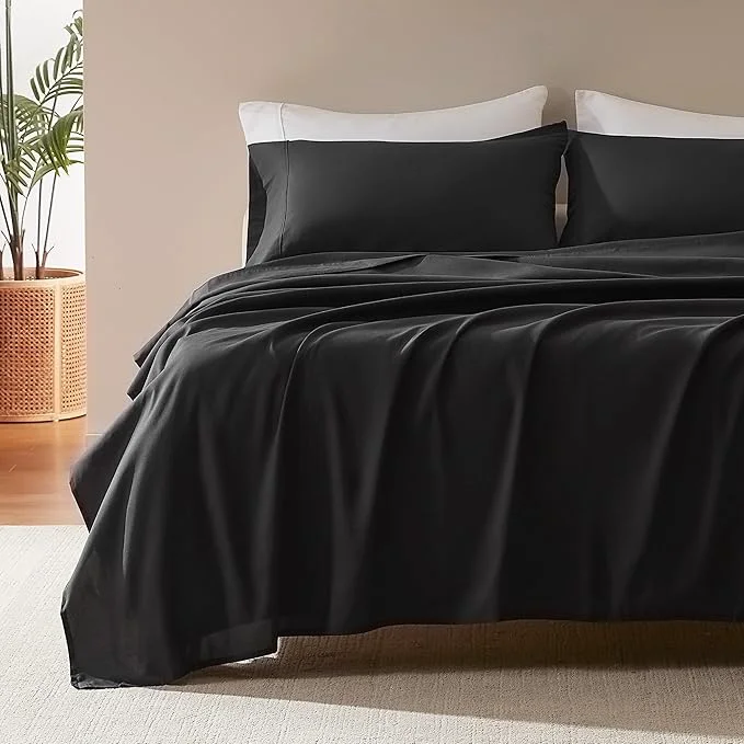 User-Friendly SLEEP ZONE Nanotex Super Soft Cooling Full Size Bed Sheets Set 4 Piece – Easy Care Fitted Flat Sheet amp Pillowcase Sets – Wrinkle Fade Resistant Deep Pocket 16 quot Black Full Recyclable