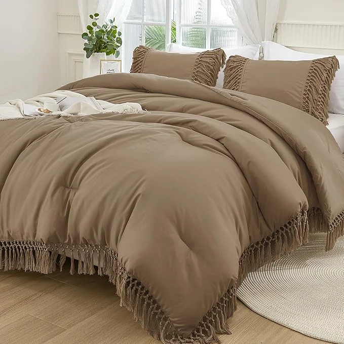Elegant Andency Taupe Comforter Set California King 3 Pieces Boho Tassel Lightweight Soft Bedding Comforter Sets for King Bed All Season Fluffy Fringe Bed Set 104x96In Comforter amp 2 Pillowcases Original