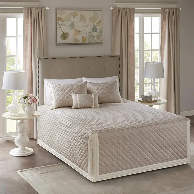 Original Design Madison Park Breanna Cotton Fitted Bedspread Classic Traditional Design All Season Lightweight Bedding Set Matching Shams King 79 quot x81 24D Diamond Quilted Khaki 4 Piece Fashionable