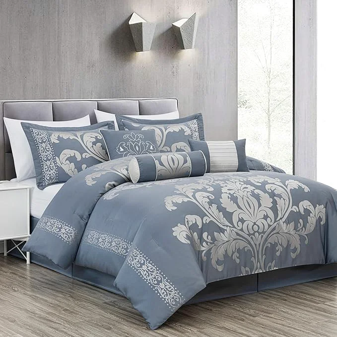 Efficient Chezmoi Collection Royale 7-Piece Jacquard Floral Comforter Set California King Grayish Blue Gray Responsible