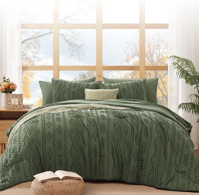 Flexible WRENSONGE Oversize King Size Comforter Set with Sheets – 7 Pieces Olive Green Tufted Bed in a Bag Oversize King Shabby Chic Bedding Sets with 1 Comforter 2 Sheets 2 Pillowcases amp 2 Shams Detailed
