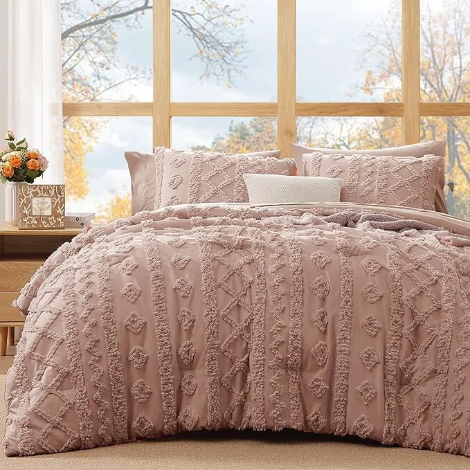 User-Friendly WRENSONGE Full Size Comforter Set with Sheets – 7 Pieces Rusty Pink Tufted Bed in a Bag Full Shabby Chic Bedding Sets with 1 Comforter 2 Sheets 2 Pillowcases amp 2 Shams Premium