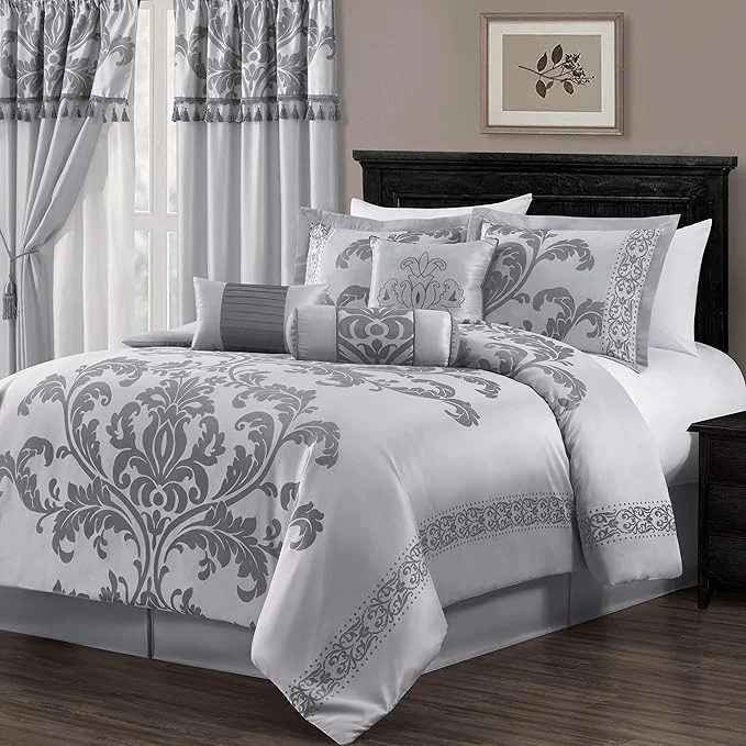 Outstanding Chezmoi Collection 7-Piece Jacquard Floral Comforter Set King Silver Gray Superior