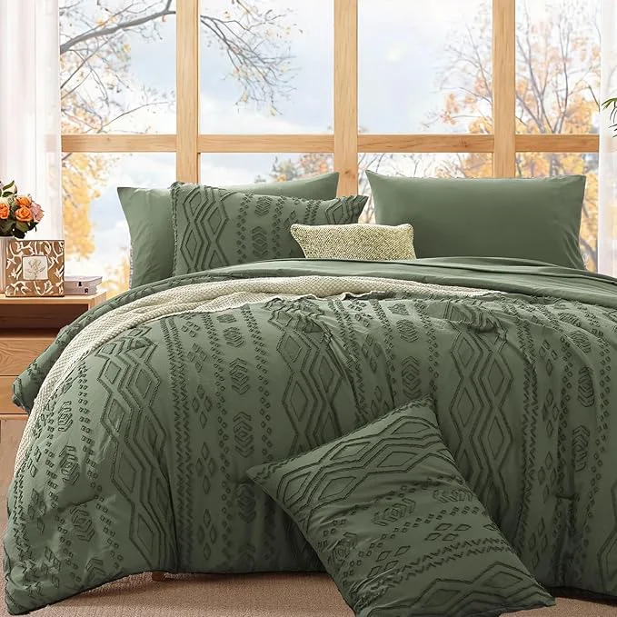Trendy WRENSONGE Queen Comforter Set with Sheets – 7 Pieces Olive Green Tufted Bed in a Bag Queen Shabby Chic Bedding Sets with 1 Comforter 2 Sheets 2 Pillowcases amp 2 Shams Responsible