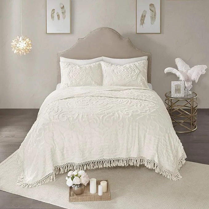 Recyclable Madison Park Laetitia Lightweight Cotton Quilt Set Breathable Chenille Tufted Shabby Chic Boho Medallion Design Sham Floral Ivory w Tassels King California King 104 in x 92 in 3 Piece Quality