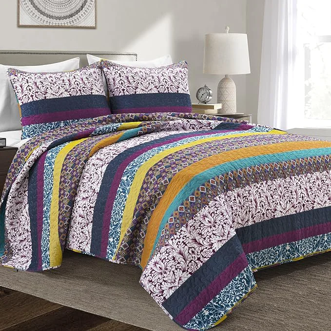 Powerful Lush Decor Boho Stripe Reversible Cotton Quilt 3-Piece Set King Plum amp Yellow – Bold Colorful Bohemian Bedding Set Sophisticated