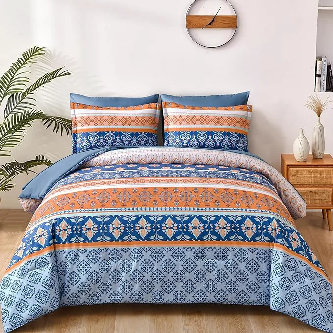 Verified WONGS BEDDING Boho Comforter Set Full Blue and Orange Bedding Set 7 Pieces Bed in a Bag Bohemian Striped Bedding Comforter Sets Soft Microfiber Comfortet and Sheet Set for All Season Official