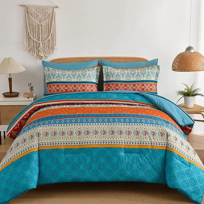 Effective Boho Comforter Set Queen Size 7 Pieces Bohemian Comforter Bedding Set Bed in a Bag Teal Paisley Floral Comfortet and Sheet Set Soft Microfiber Striped Bedding Sets for All Season Advanced