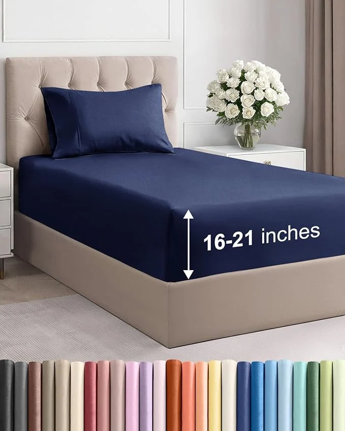 Smart Extra Deep Pocket Twin XL Size Sheet Set – 3 Piece Breathable amp Cooling Bed Sheets – Hotel Luxury Bedding with 16 to 21 inch Extra Deep Pockets – Soft Fade amp Wrinkle Resistant – Oeko-Tex – Navy Blue Casual