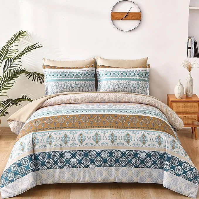Advanced WONGS BEDDING Boho Comforter Set King 7 Pieces Beige Striped Bed in a Bag Comforter and Sheet Set Bohemian Floral Striped Comforte Bedding Set Soft Microfiber Complete Set for All Seasons 104 quot x 90 quot Consistent