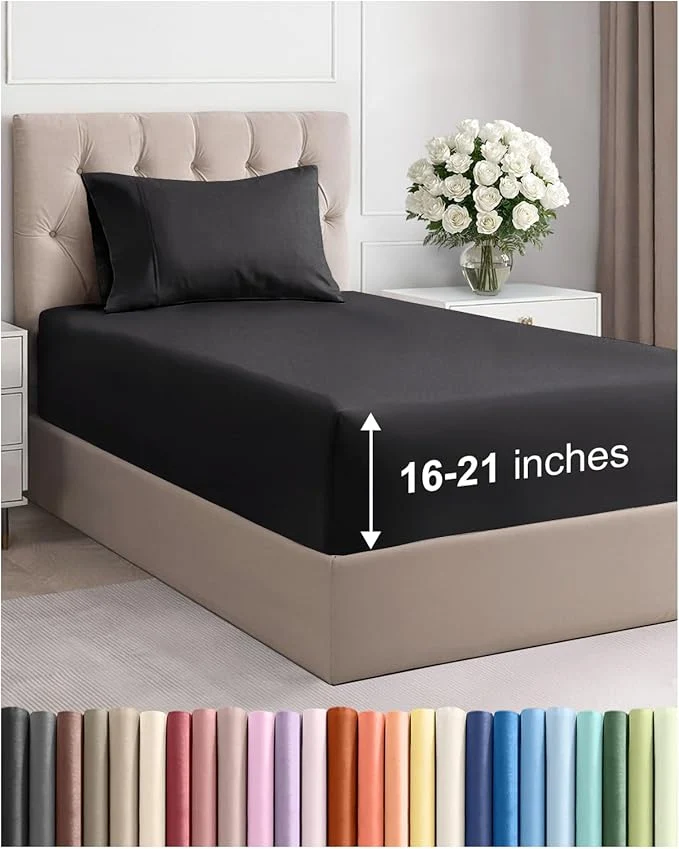 Safe Extra Deep Pocket Twin Size Sheet Set – 3 Piece Breathable amp Cooling Bed Sheets – Hotel Luxury Bedding with 16 to 21 inch Extra Deep Pockets – Ultra-Soft Fade amp Wrinkle Resistant – Oeko-Tex – Black Fine
