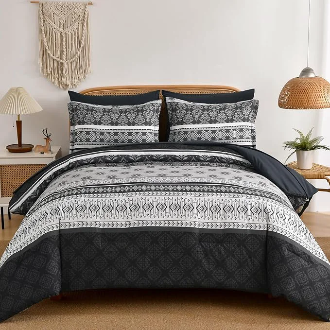 Detailed Comforter Set King Size Boho 7 Pieces Bohemian Bedding Comforter Set Striped Bed in a Bag Dark Grey Paisley Floral Comfortet and Sheet Set Soft Black Gray Bedding Sets for All Season Fine