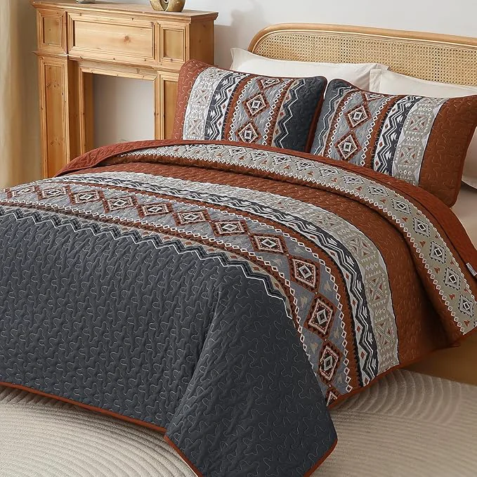 Powerful WONGS BEDDING 3 Pieces Quilt Set King Size Burnt Orange Quilt Bedspread Lightweight Bohemian Coverlet Set with 2 Pillowcase Soft Geometry Printed Bedding Set King for All Season 104 quot ×90 quot Casual