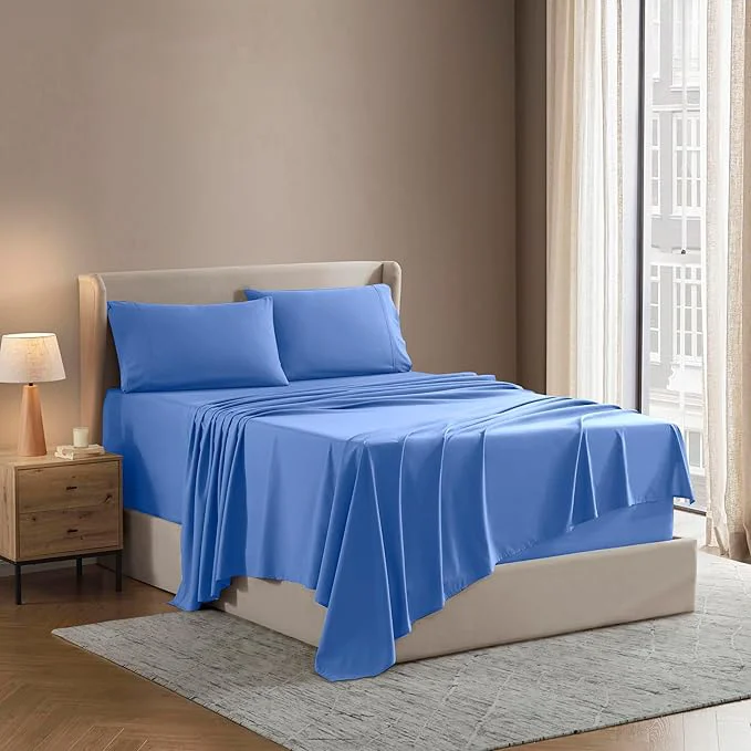 Sustainable Nestl California King Sheet Set – 1800 Ultra-Soft Microfiber Cal King Bed Sheets – Double Brushed – Deep Pockets – Easy Fit – 4 Piece Set – Bed Sheets California King Calm Blue Traditional