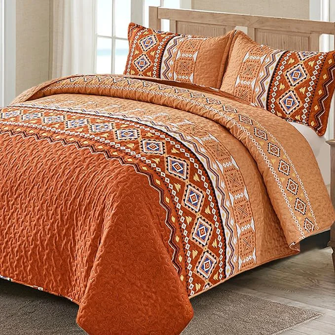 High-End WONGS BEDDING 3 Pieces Quilt Set Queen Size Burnt Orange Rust Thanksgiving Quilt Bedspread Bohemian Coverlet Set with 2 Pillowcase Fall Soft Thanksgiving Bedding Set for All Season 96 quot ×90 quot Powerful