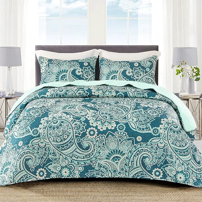High-Grade Whale Flotilla Reversible Printed Quilts Queen Size Extra Soft Boho Paisley Floral Bedspreads for Bed Lightweight Full Queen Quilt Bedding Set Coverlets with 2 Pillow Shams for All Seasons Turquoise Genuine