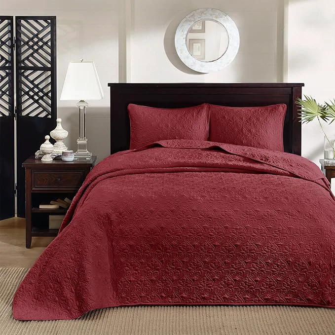Effective Madison Park Quebec King Size Quilt Bedding Set – Red Damask – 3 Piece Bedding Quilt Coverlets – Ultra Soft Microfiber Bed Quilts Quilted Coverlet Optimized