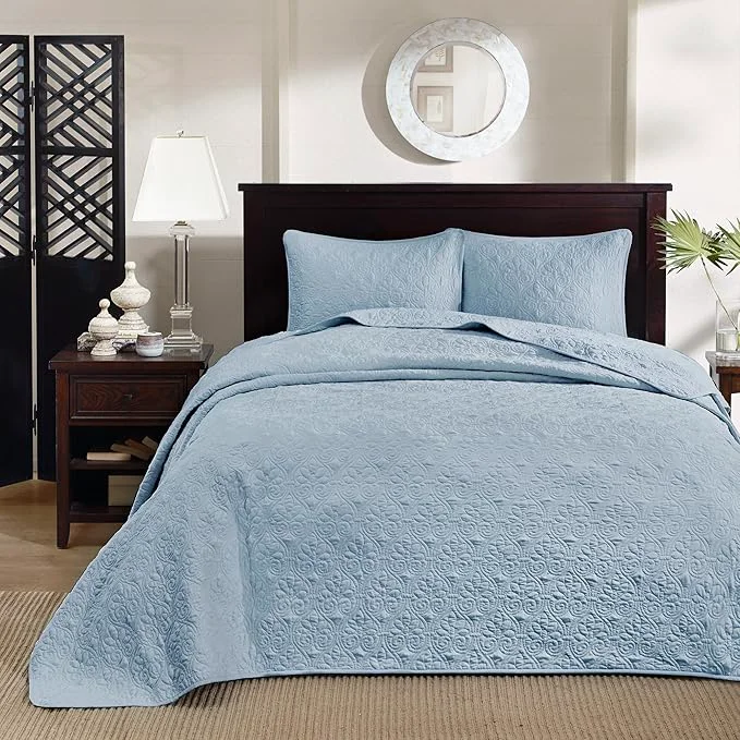 Fast Madison Park Quebec Reversible Quilt Set Damask Design Double Sided Stitching All Season Lightweight Bedspread Bedding Set Matching Sham Blue Queen 102 quot x118 quot 3 Piece High-End